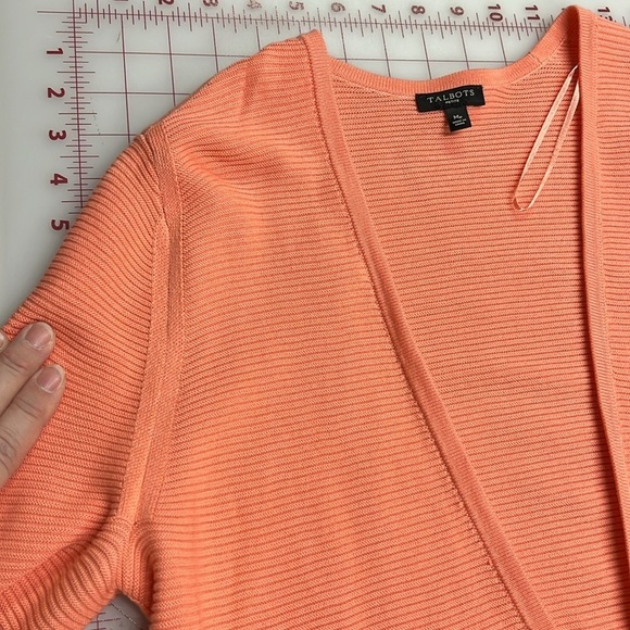 TALBOTS Coral/Peach Cotton Open Front Long Line 3 Button Cuff Knit Cardigan  MP - Picture 7 of 15